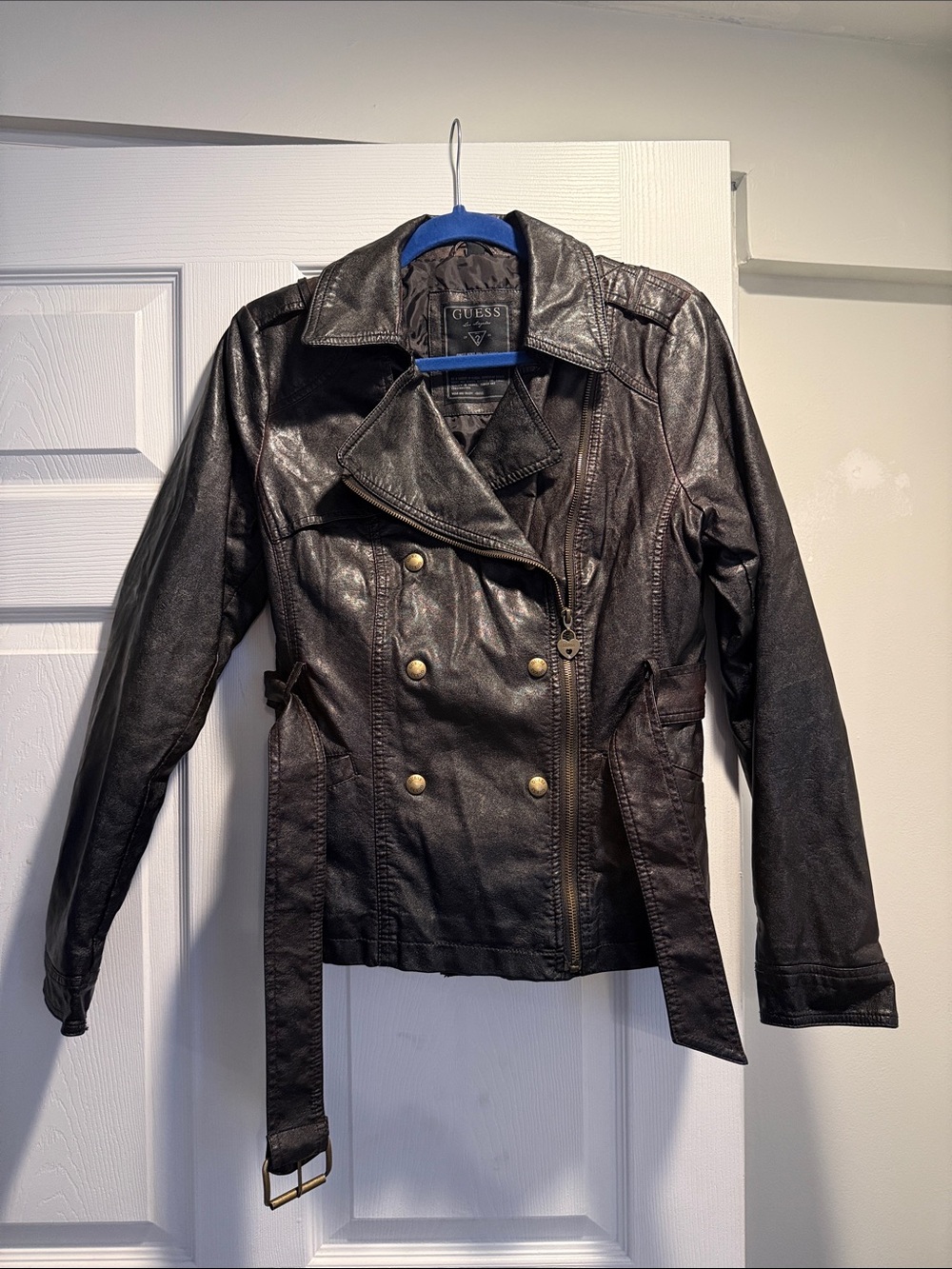 GUESS Women's Brown Faux Leather Double-Breasted Jacket